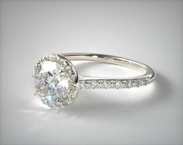 18K WHITE GOLD PAVE HALO AND SHANK DIAMOND ENGAGEMENT RING (ROUND CENTER)