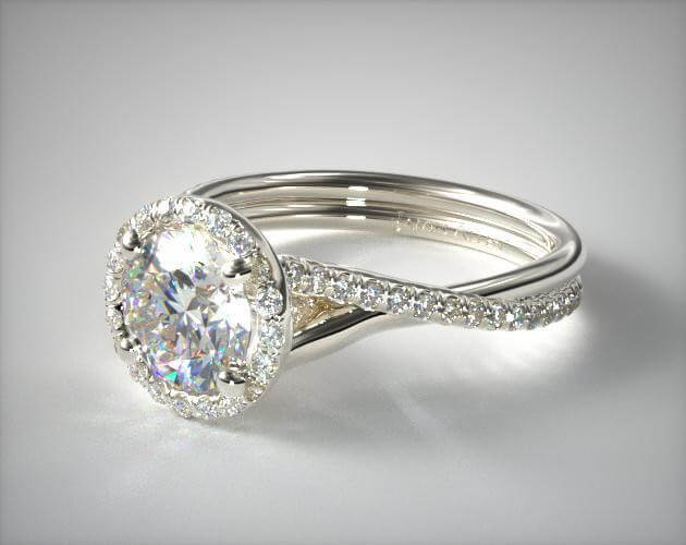 18K WHITE GOLD PAVE HALO AND TWISTED SHANK ENGAGEMENT RING