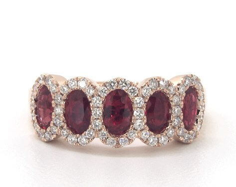 14k Rose Gold Five Stone Halo Ruby and Diamond Ring