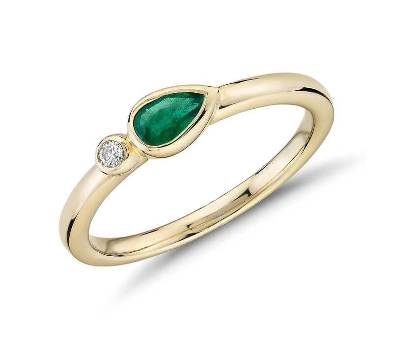 Bezel Set Pear Shaped Emerald & Diamond Stacking Ring