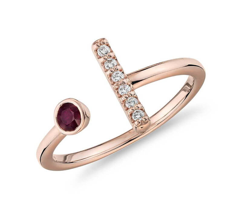 Bezel-Set Ruby and Diamond Bar Ring