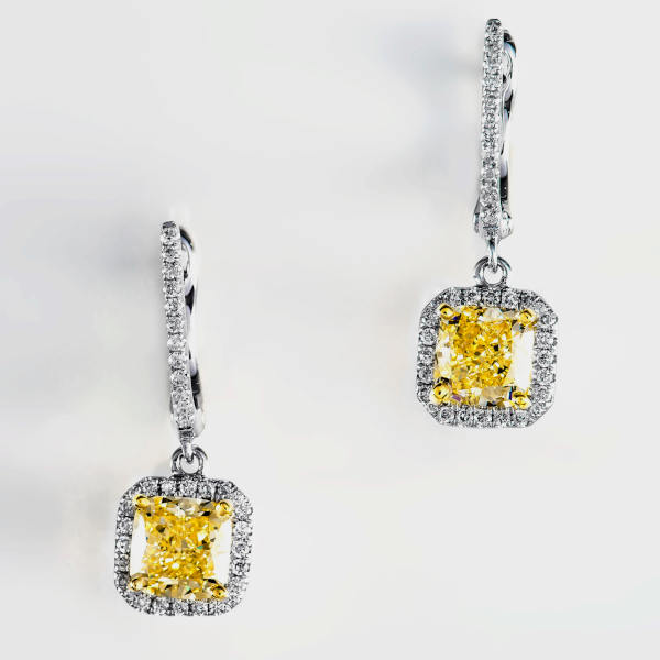 Cushion Cut Yellow Diamond Drop Earrings in White Gold