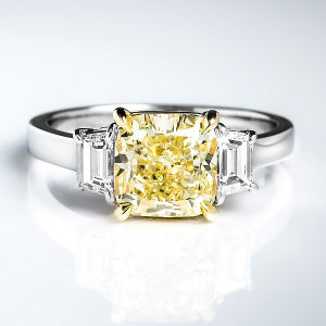 3 Stone Fancy Light Yellow Diamond Engagement Ring, 3.01 ctw