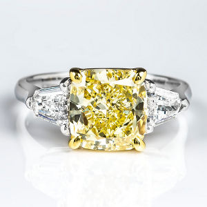 3 Stone Fancy Yellow Diamond Engagement Ring, 3.76 ctw