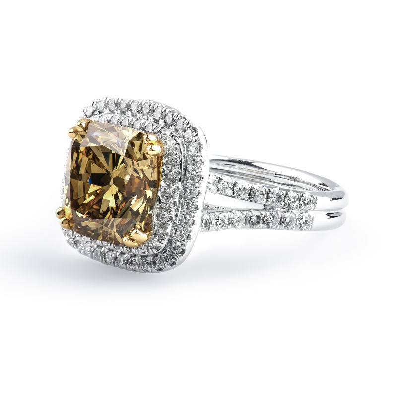 Fancy Dark Brown Greenish Yellow Diamond Ring, Cushion, 4.05 carat, SI2 - B
