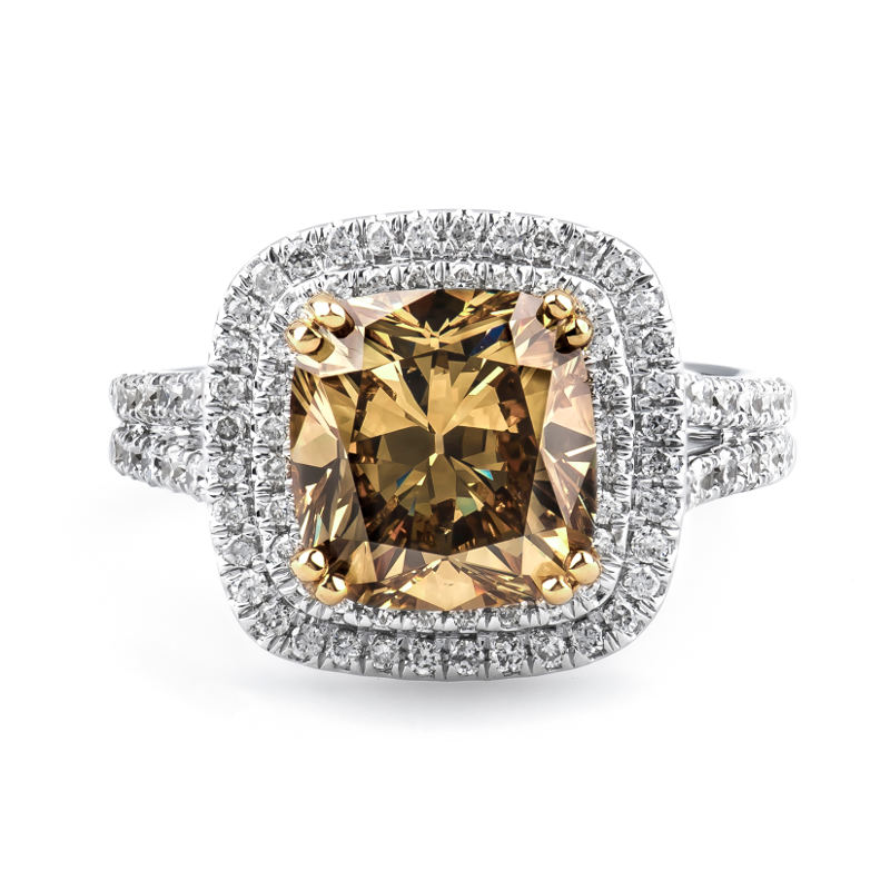 Fancy Dark Brown Greenish Yellow Diamond Ring, Cushion, 4.05 carat, SI2