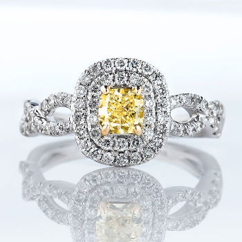 Double Halo Fancy Intense Yellow Diamond Engagement Ring, 1.09 ctw