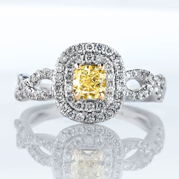 Fancy Intense Yellow Diamond Ring, Cushion, 0.51 carat, VS2