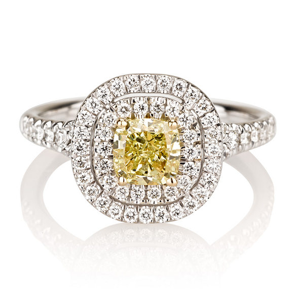 Fancy Yellow Diamond Ring, Cushion, 0.71 carat, VS2