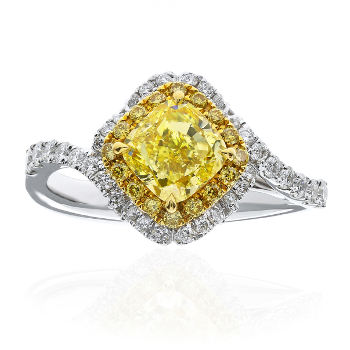 Double Halo Twist Fancy Light Yellow Diamond Engagement Ring, 1.68 ctw