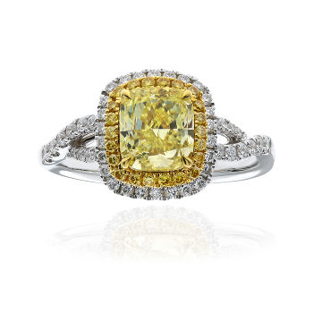 Double Halo Twist Fancy Yellow Diamond Engagement Ring, 1.70 ctw