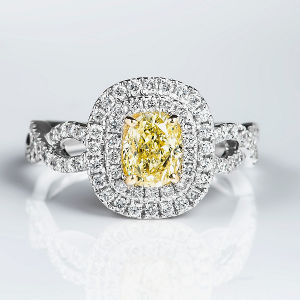 Double Halo Fancy Light Yellow Diamond Engagement Ring, 1.62 ctw