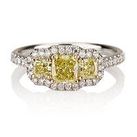 3 Stone Fancy Intense Yellow Diamond Engagement Ring, 1.02 ctw