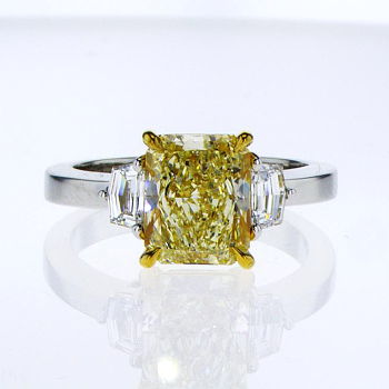 3 Stone Fancy Light Yellow Diamond Engagement Ring, 2.85 ctw
