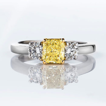 3 Stone Fancy Yellow Diamond Engagement Ring, 1.21 ctw