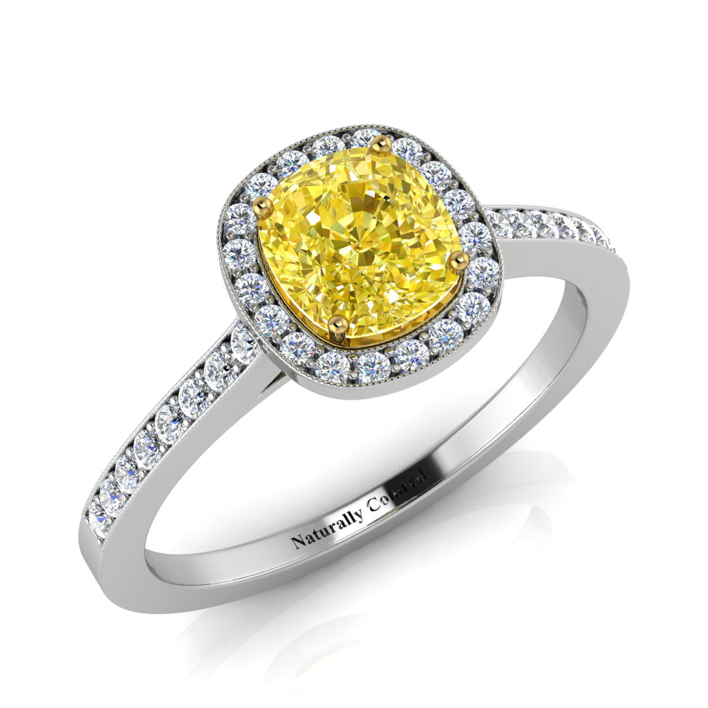 illustration of Alexa Vega's Cushion Cut Yellow Diamond Engagement Ring - side view